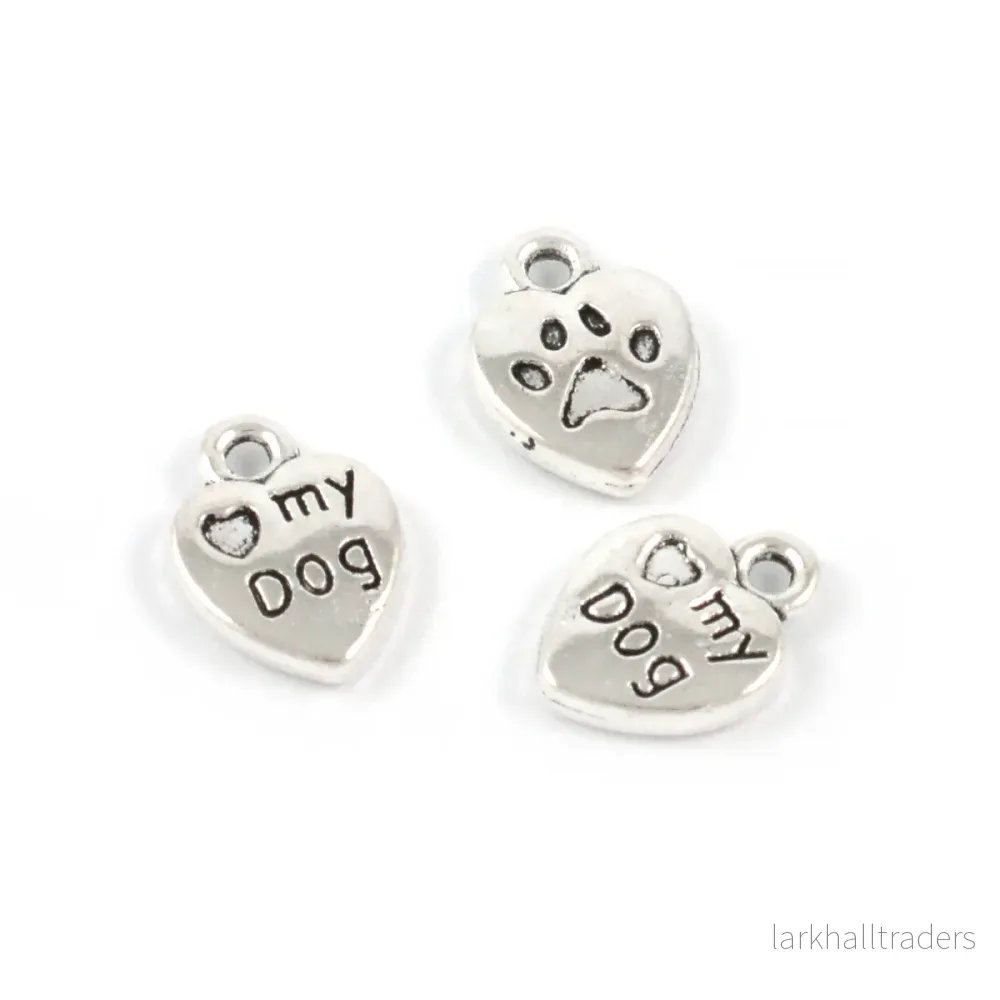 Berlock, hjärta "love my dog", antiksilver, 10mm, 10st
