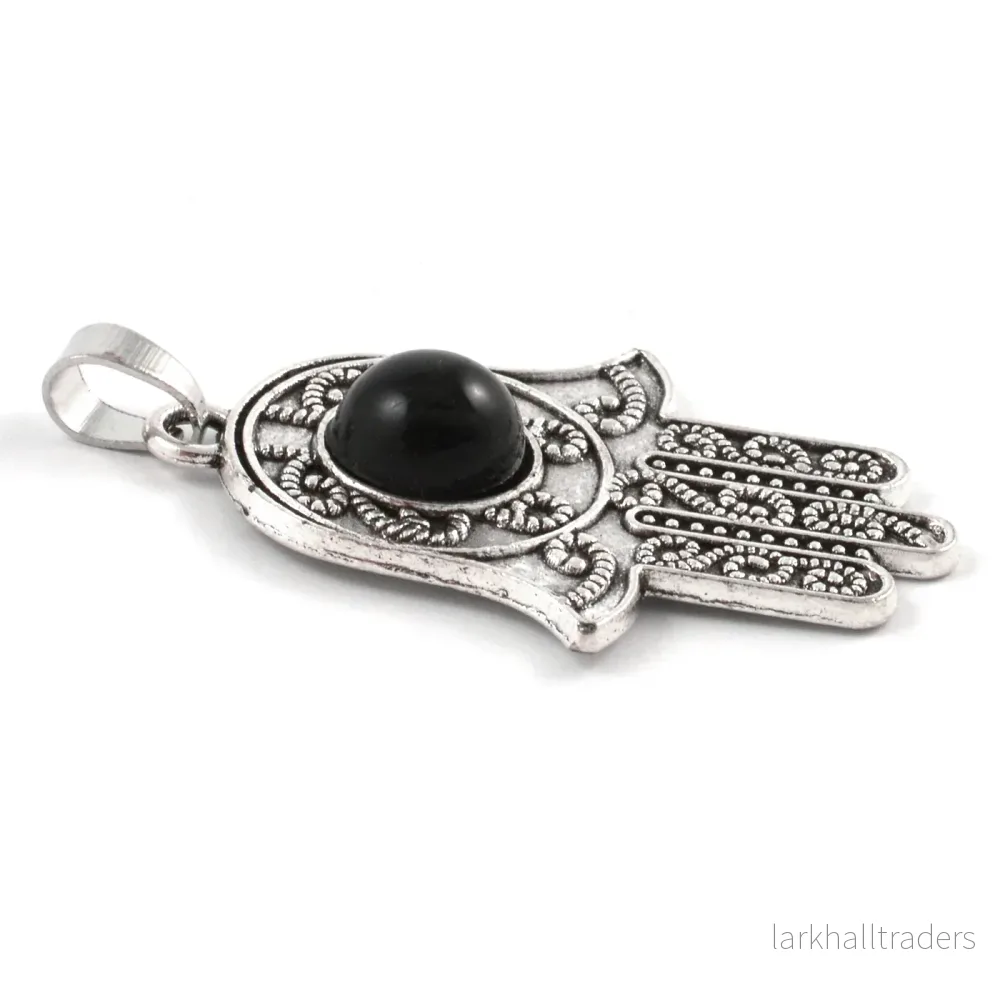 Berlock, Hamsas hand med svart pärla, antiksilver, 29x37mm, 1st - Bild 2