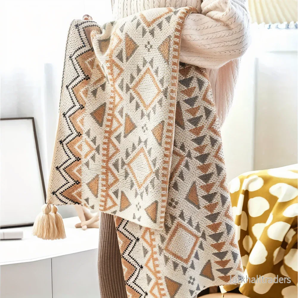 WeaveAura – Boho Pläd med Geometriskt Mönster & Tofsar - Bild 3