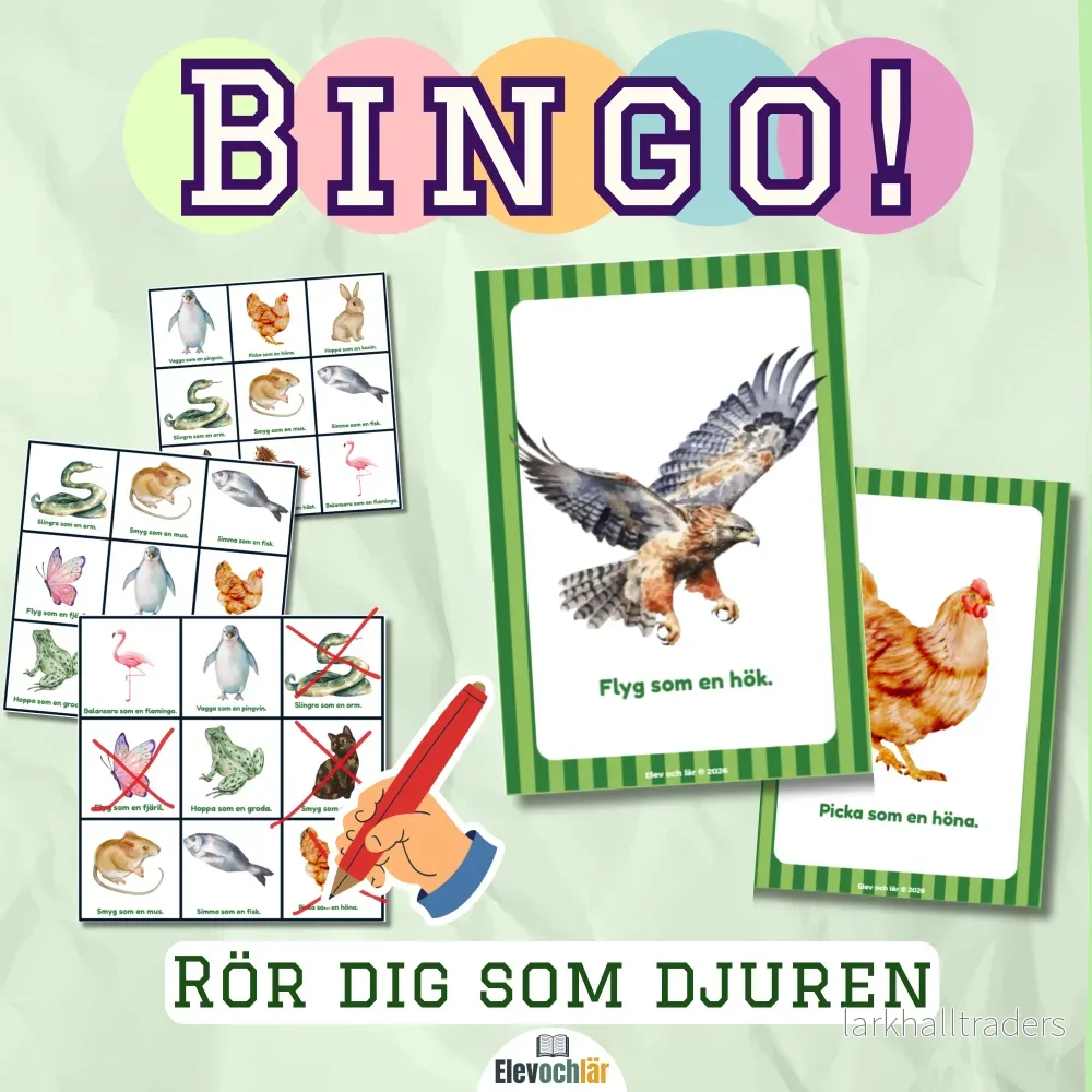 Rörelse-BINGO! Rör dig som djuren.