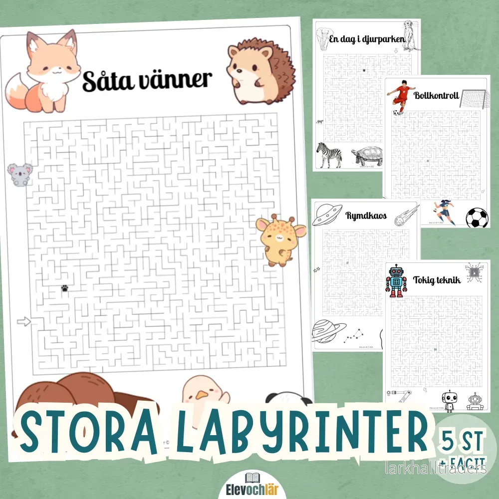 Labyrinter STORA! 5 stycken i olika teman + facit