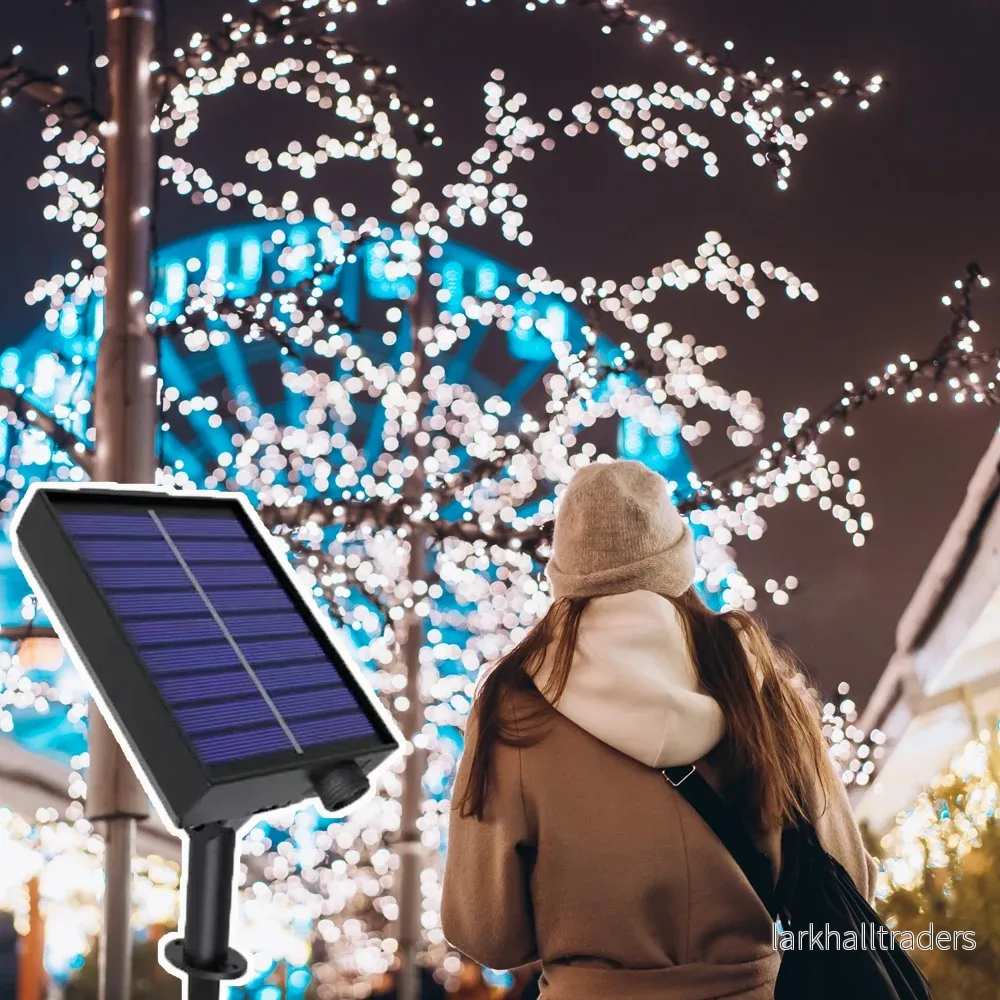 LED-ljusslinga solcellsdriven med 200 LED Varm Vit – 8 ljusinställningar – 20 meter