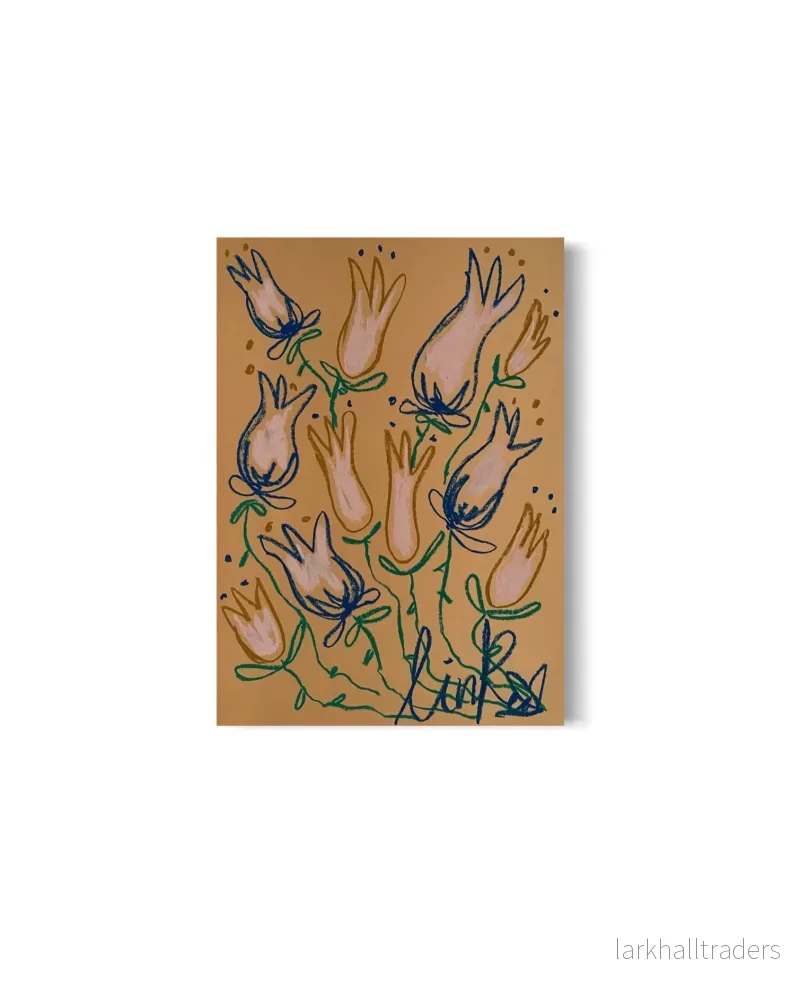 Whimsical Florals on Orange Background, Grön, Mustard och Blå, A3, Original Målning
