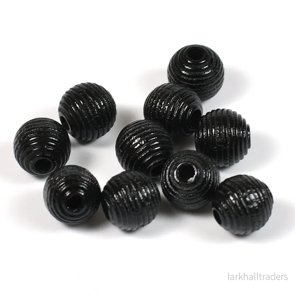 Räfflade träpärlor, 10mm, svart, 35st Räfflade träpärlor, 10mm, svart, 35st