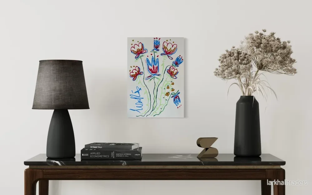 Whimsical Florals, Röd, Blå och Grön, A3, Original Målning - Bild 3