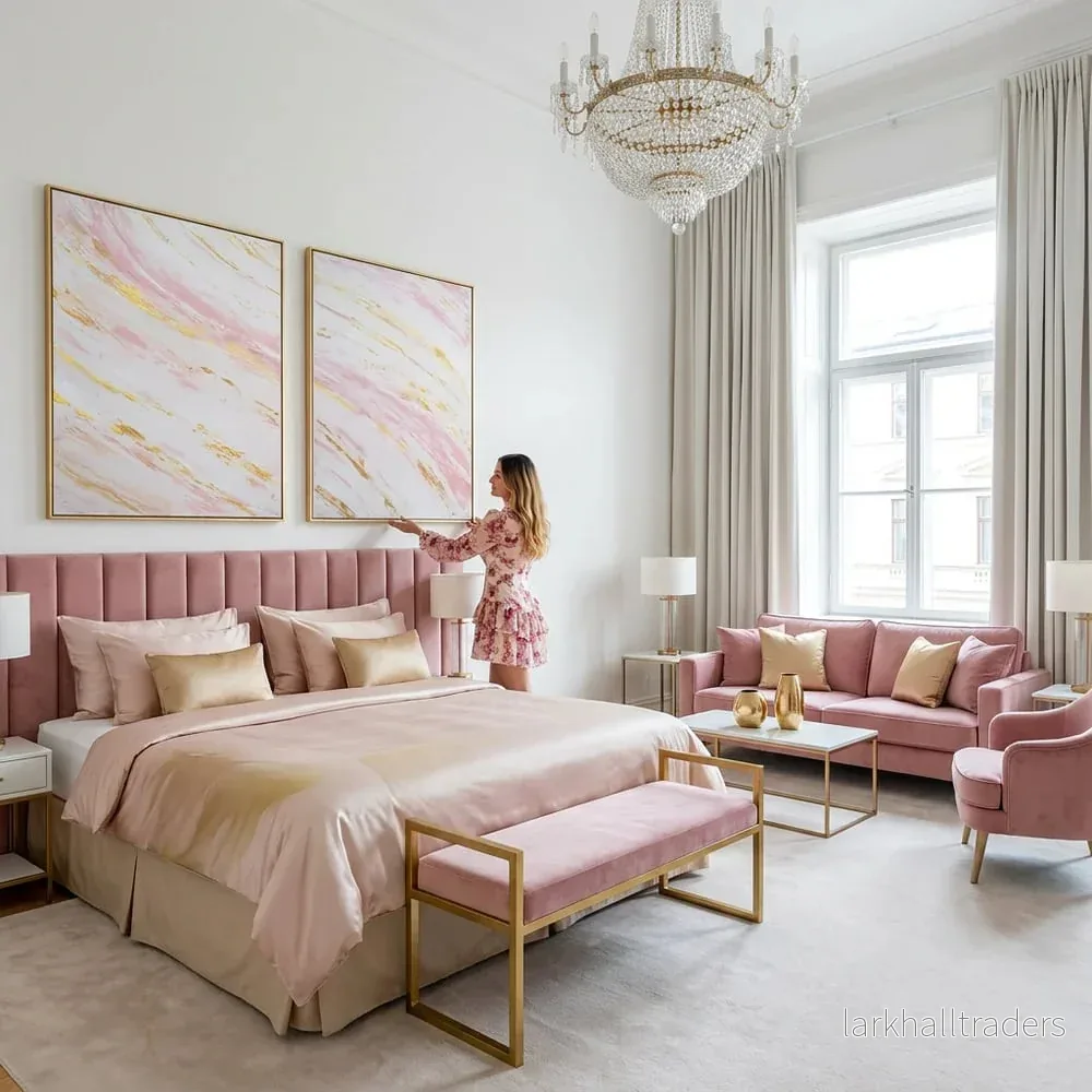 Original målning Abstrakt Marmor Havsvåg Rosa och Guld "Blush Tides" - Bild 3