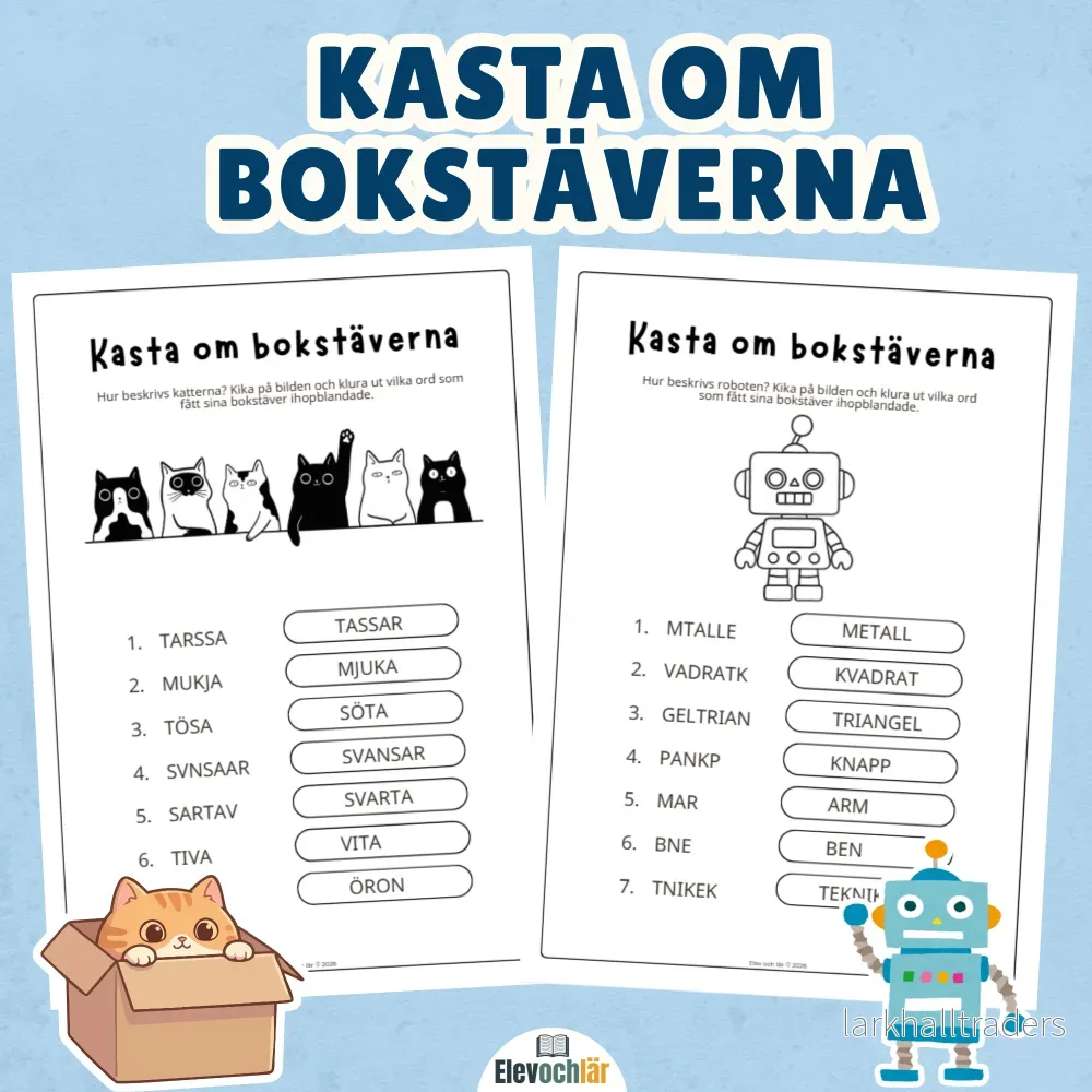 Kasta om bokstäverna – Katter och robot 2 arbetsblad