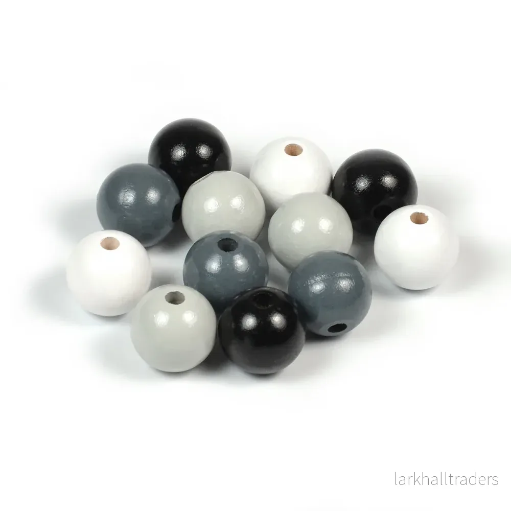 Set med träpärlor, 15mm, svart-vit-mix, 50st - Bild 3