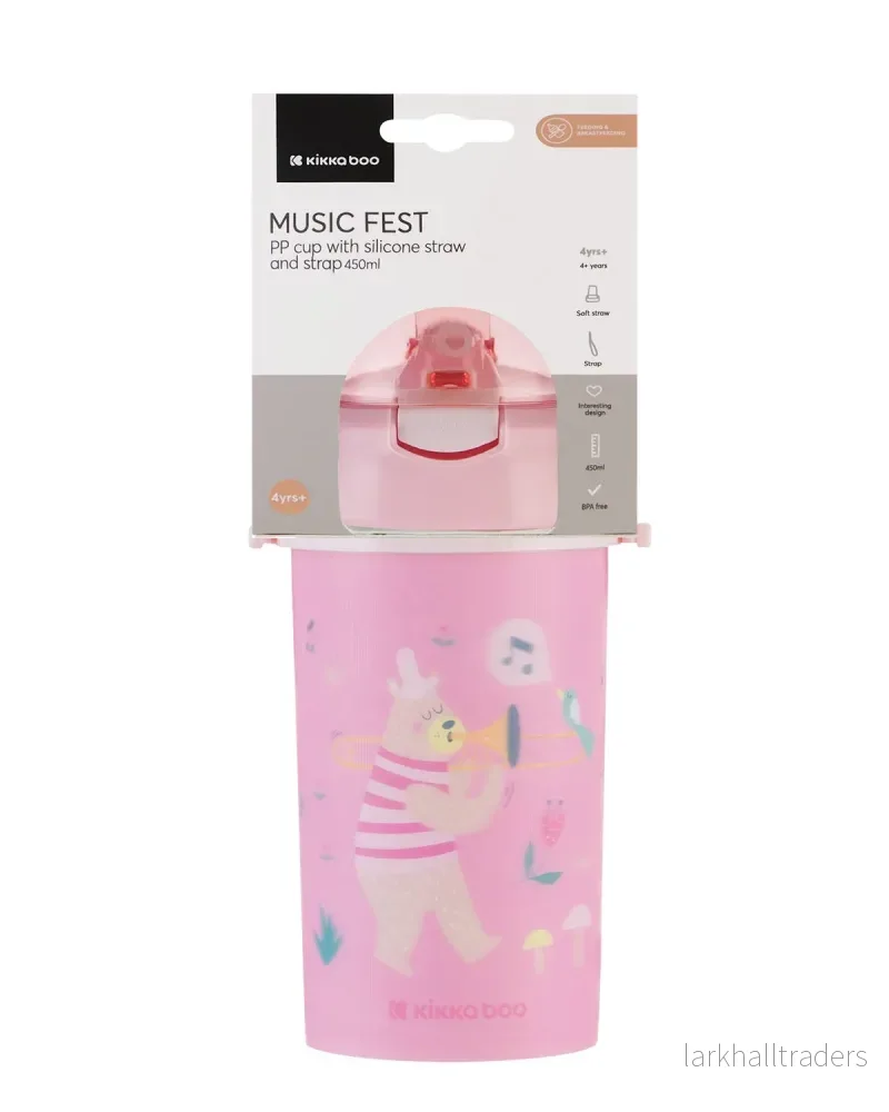 PP-mugg med silikonsugrör och rem 450 ml Music Fest: Rosa - Bild 2
