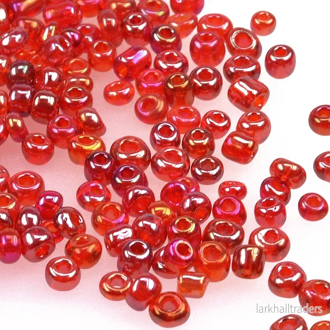 Seed Beads, 4mm, transparent-rainbow röd, 30g