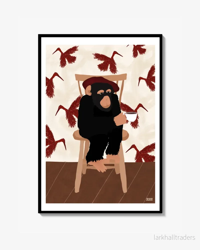 Monkey Drinks Coffee Poster