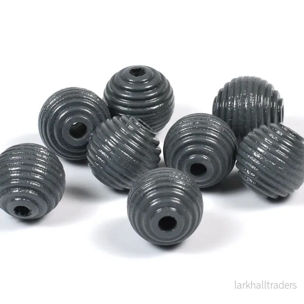 Räfflade träpärlor, 14mm, mörkgrå, 16st Räfflade träpärlor, 14mm, mörkgrå, 16st