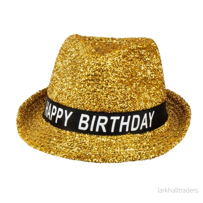 Glitterhatt, happy birthday guld