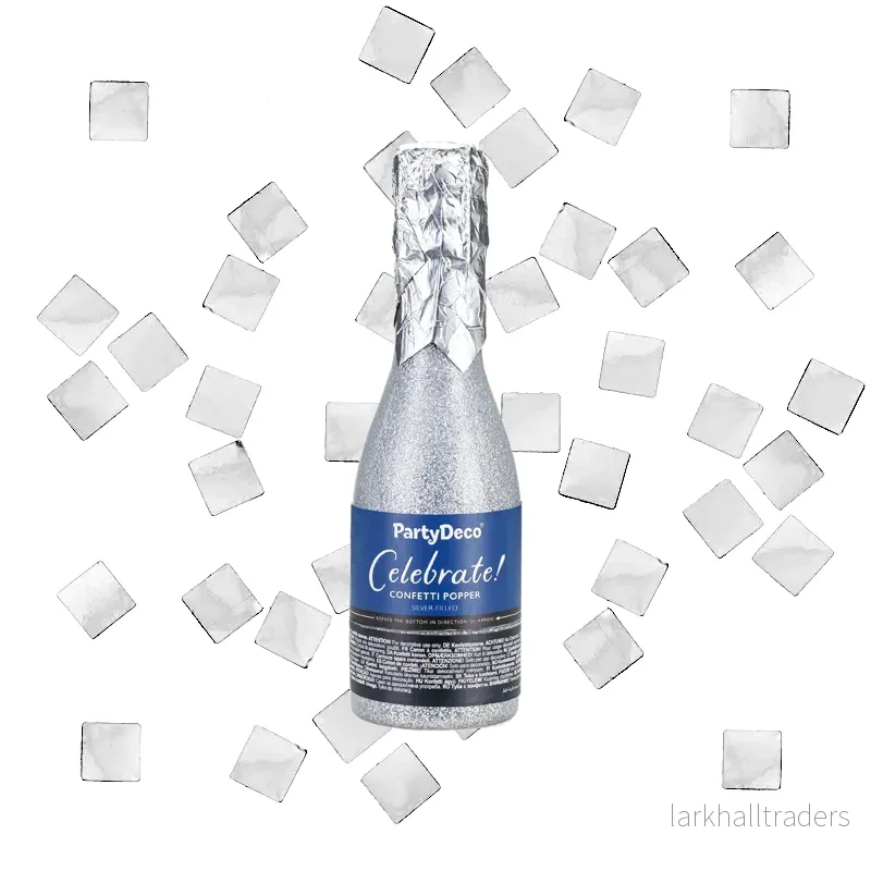 Konfettibomb, champagneflaska silver metallic 20,5 cm