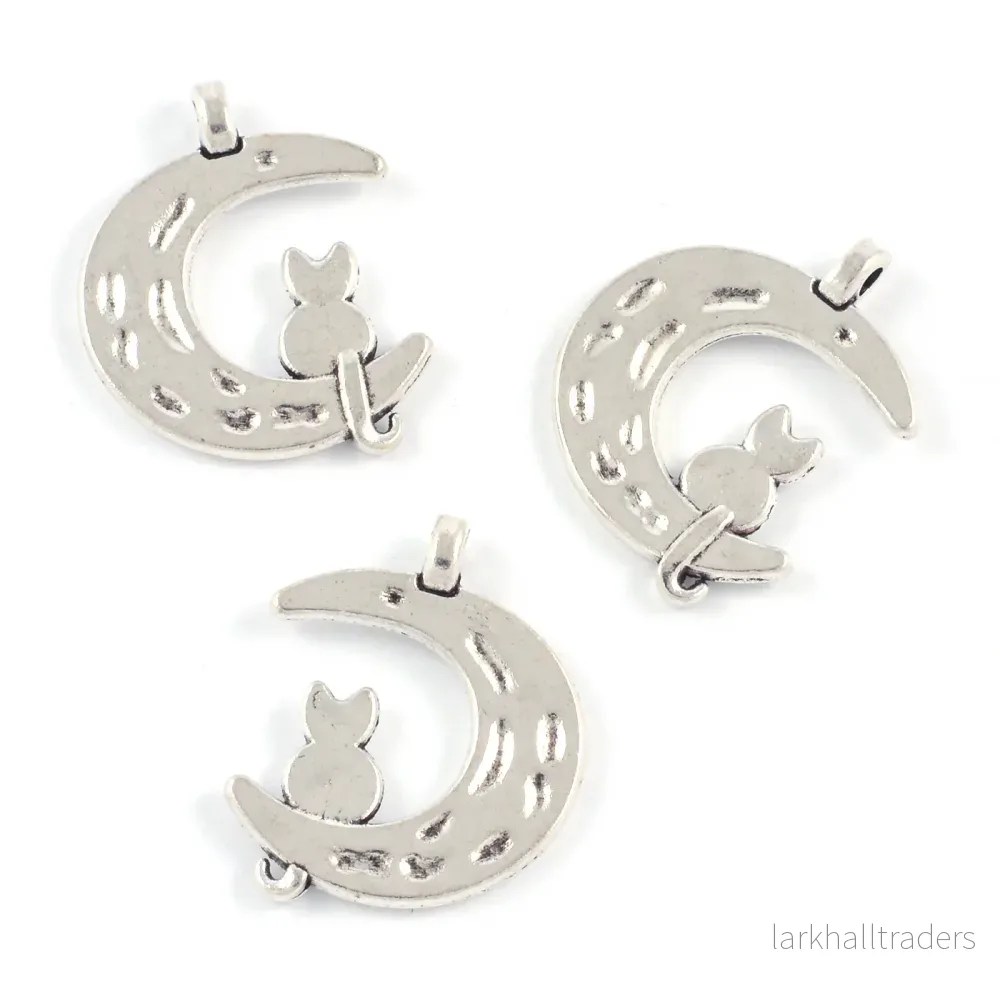 Berlock, halvmåne med katt, antiksilver, 18mm, 5st