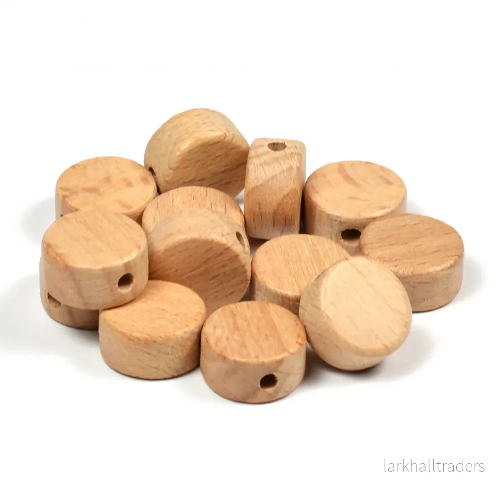 Platt, rund pärla i obehandlat trä, 15mm Platt, rund pärla i obehandlat trä, 15mm