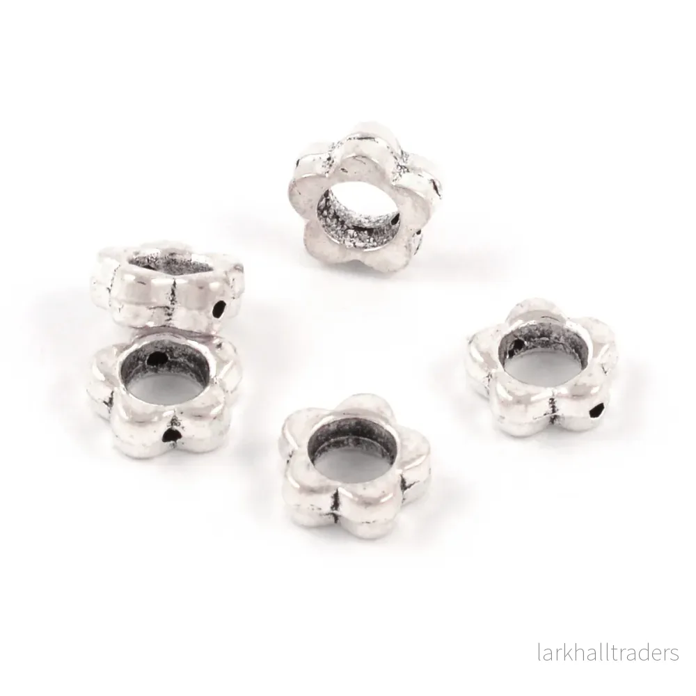 Metallpärlor, ringblomma, antiksilver, 8mm, 25st