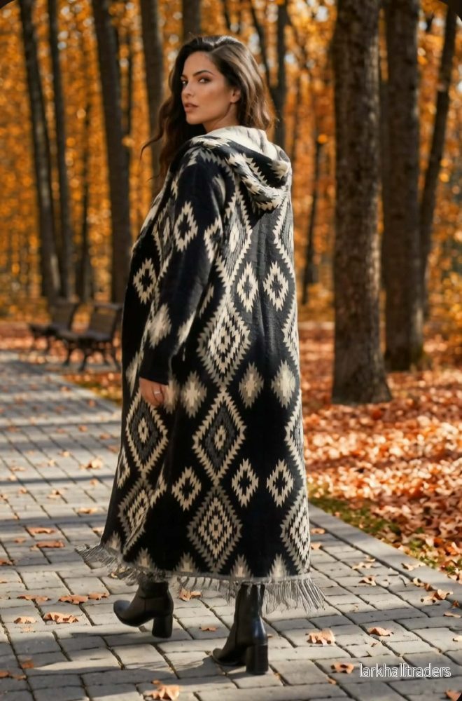 Ponchokappa med fransar Black & Ivory - Bild 2