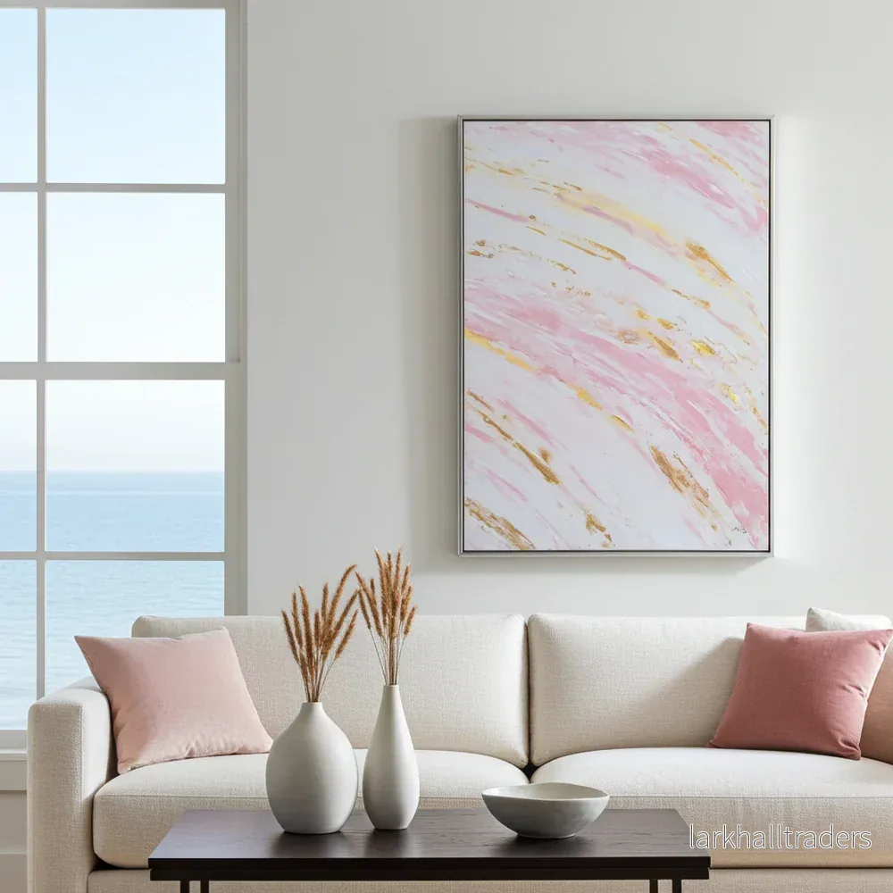 Original målning Abstrakt Marmor Havsvåg Rosa och Guld "Blush Tides" - Bild 2