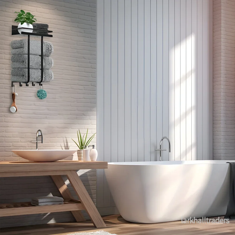 BlackShelf TowelRack – Elegant Väggmonterad Handdukshållare med Hylla & Krokar - Bild 2