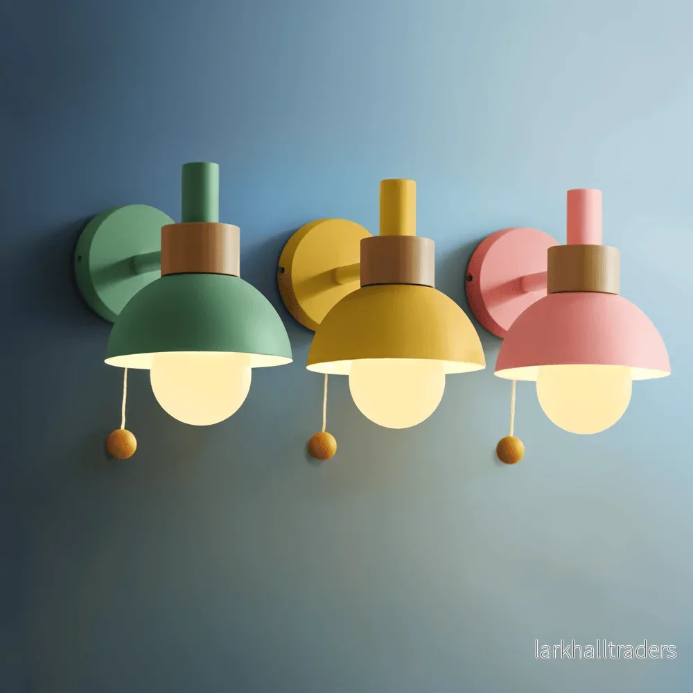 LumoPop – Vägglampa i Trä & Järn med Pastellskärm och Dragströmbrytare LumoPop – Vägglampa i Trä & Järn med Pastellskärm och Dragströmbrytare