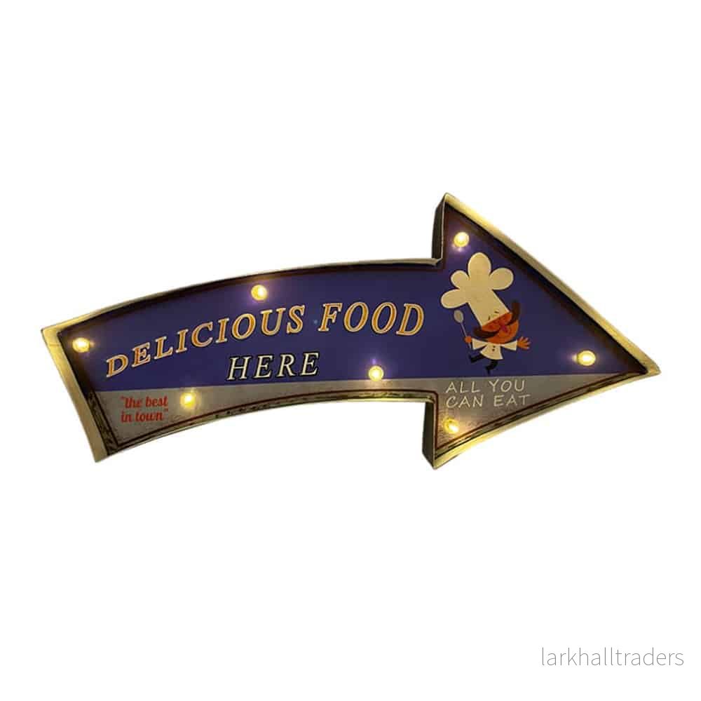 Retroskylt DELICIOUS FOOD med ljus