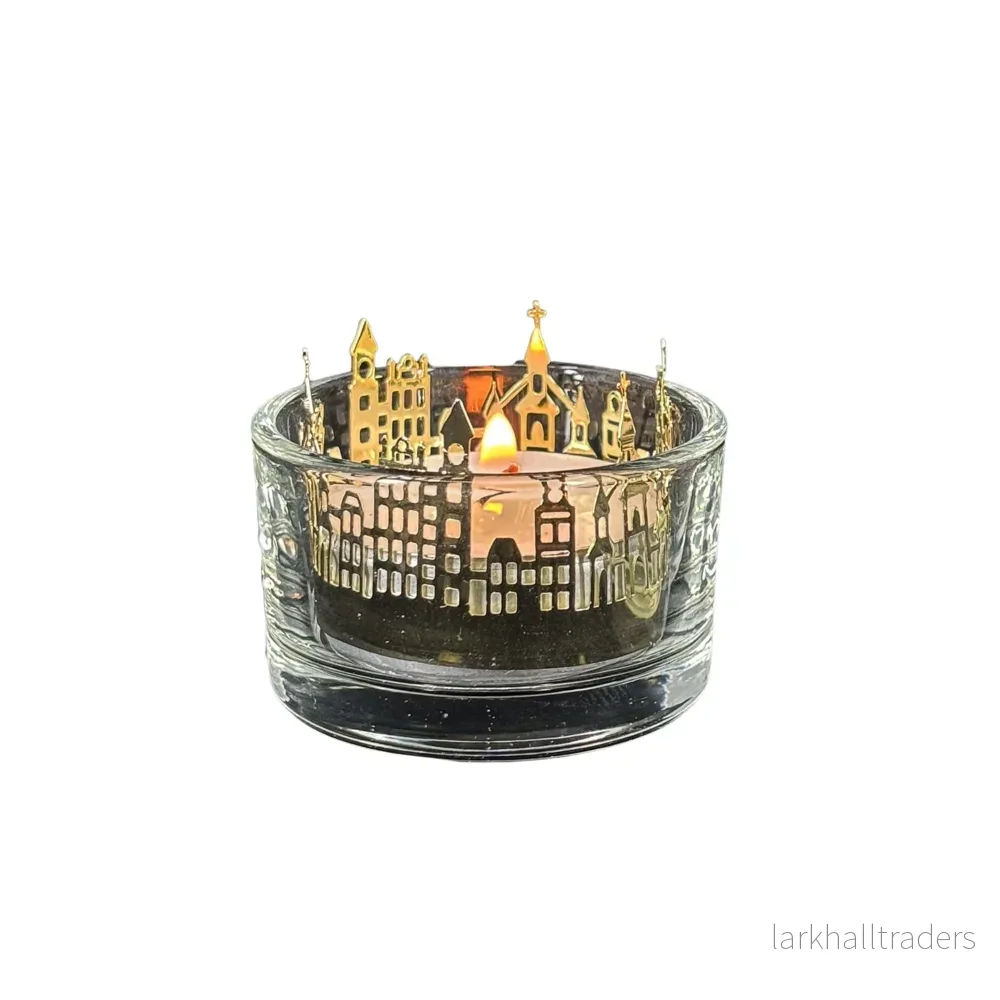 Teljus dekoration med glas stad i guld Teljus dekoration med glas stad i guld