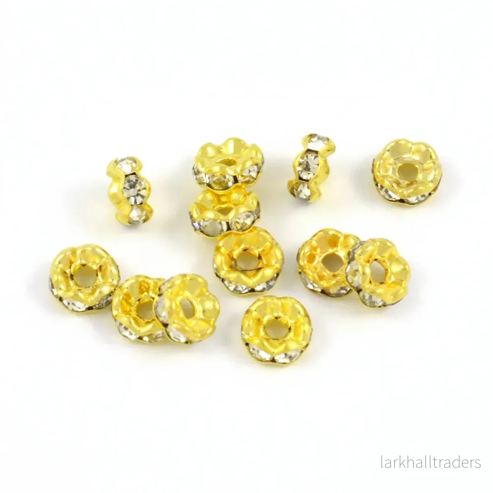Eleganta rondeller med strass, guld-vit, 6mm, 20st