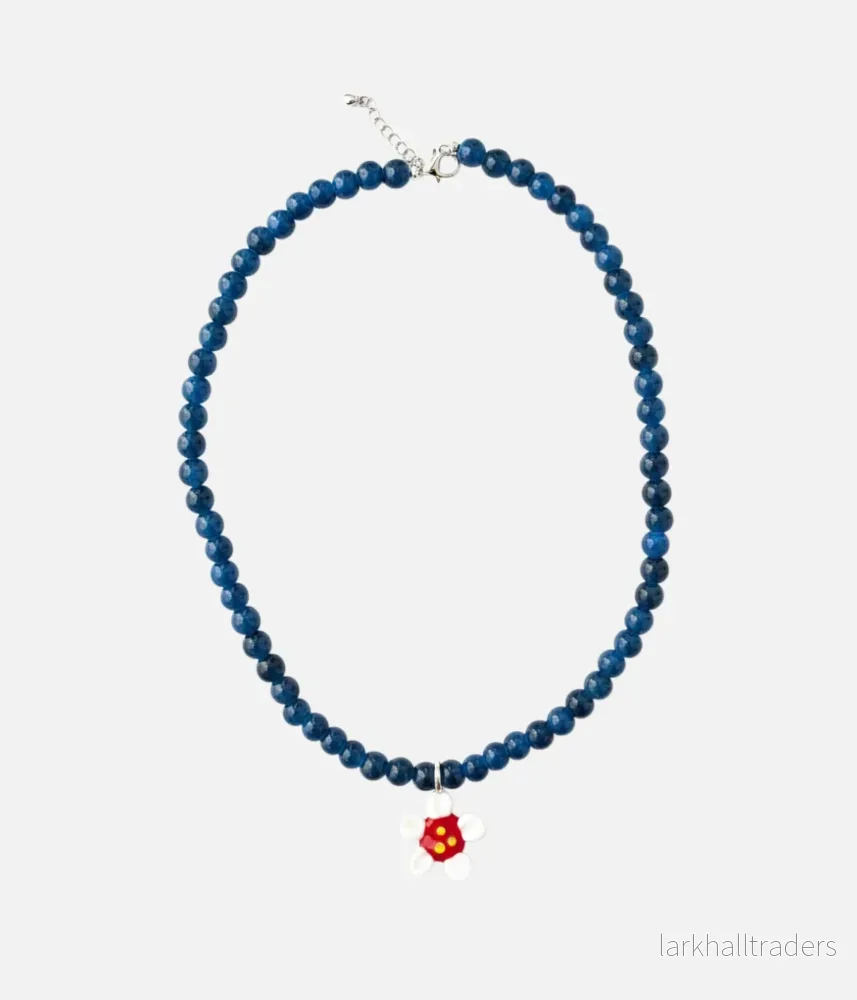 Vit Blomma och Marinblå Pärlor Halsband
