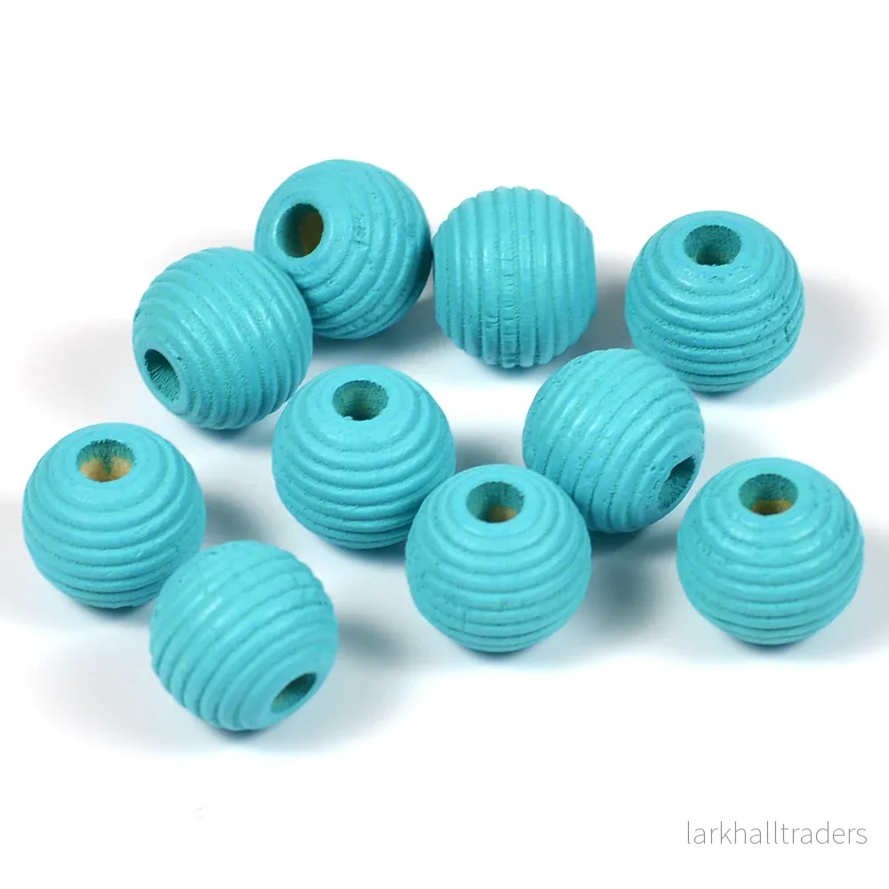 Räfflade träpärlor, 10mm, turkos, 35st