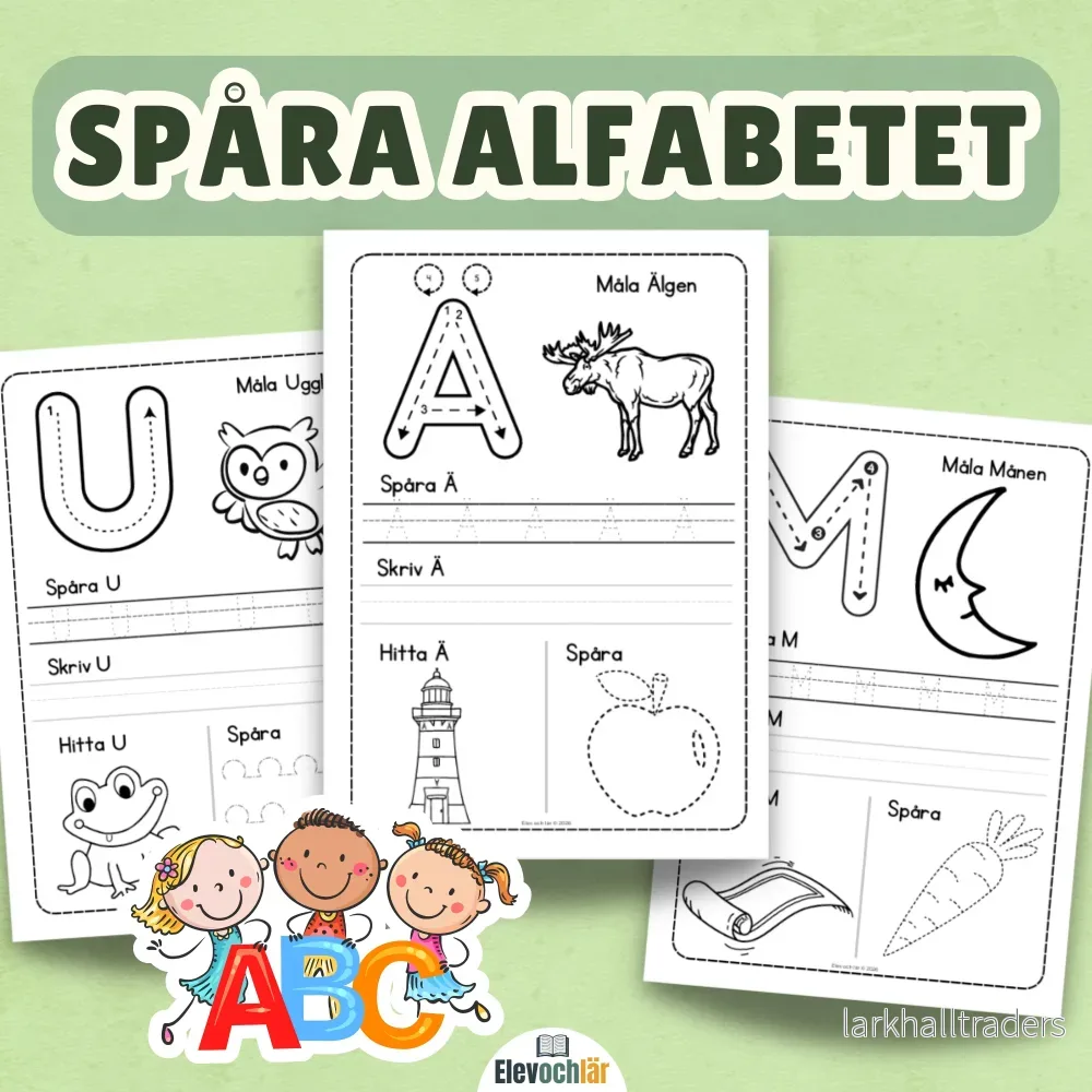 Spåra alfabetet A-Ö. 29 arbetsblad med versaler. Måla, spåra bokstäver, skriv själv, hitta bokstaven. Spåra alfabetet A-Ö. 29 arbetsblad med versaler. Måla, spåra bokstäver, skriv själv, hitta bokstaven.