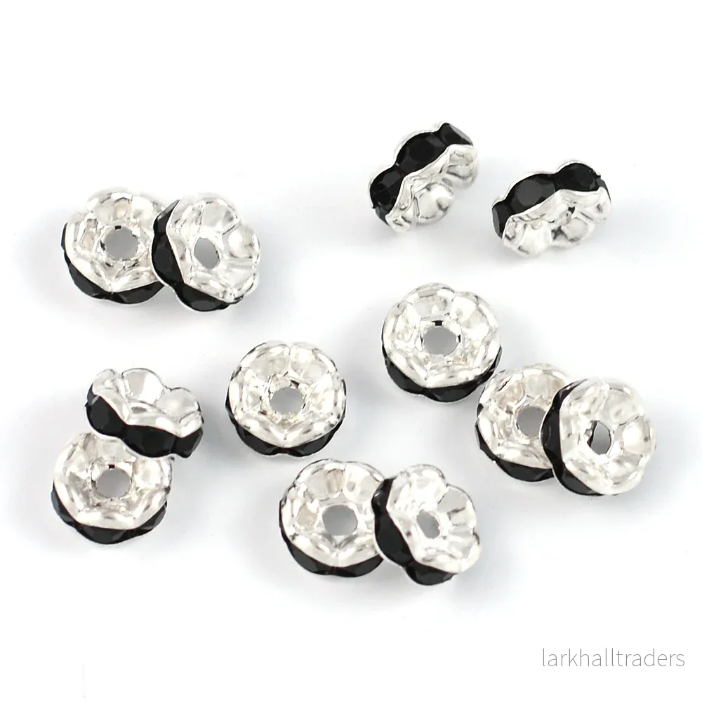 Eleganta rondeller med strass, silver-svart, 6mm, 20st