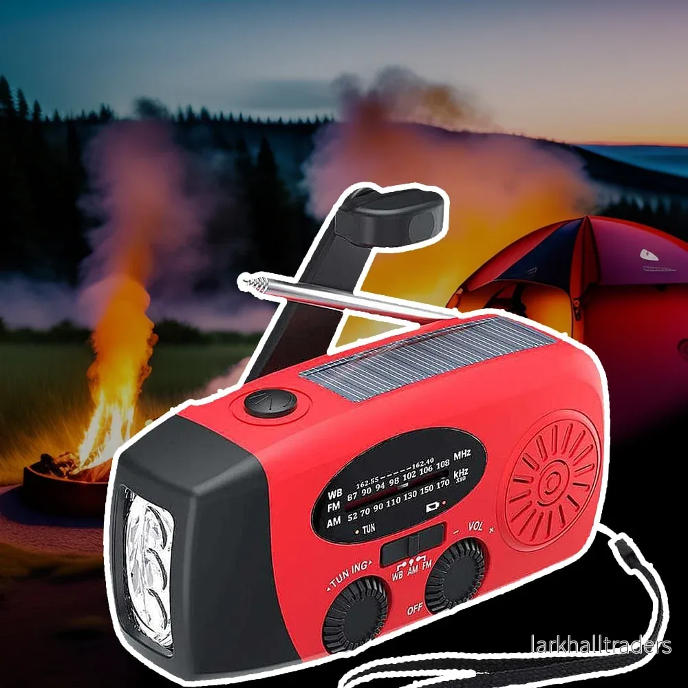 Nödradio FM/AM med inbyggda solceller, ficklampa, powerbank och vev Nödradio FM/AM med inbyggda solceller, ficklampa, powerbank och vev