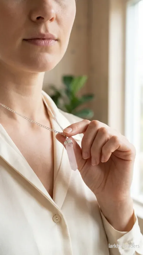 Halsband med rosenkvarts – polerad kristallspets - Bild 3