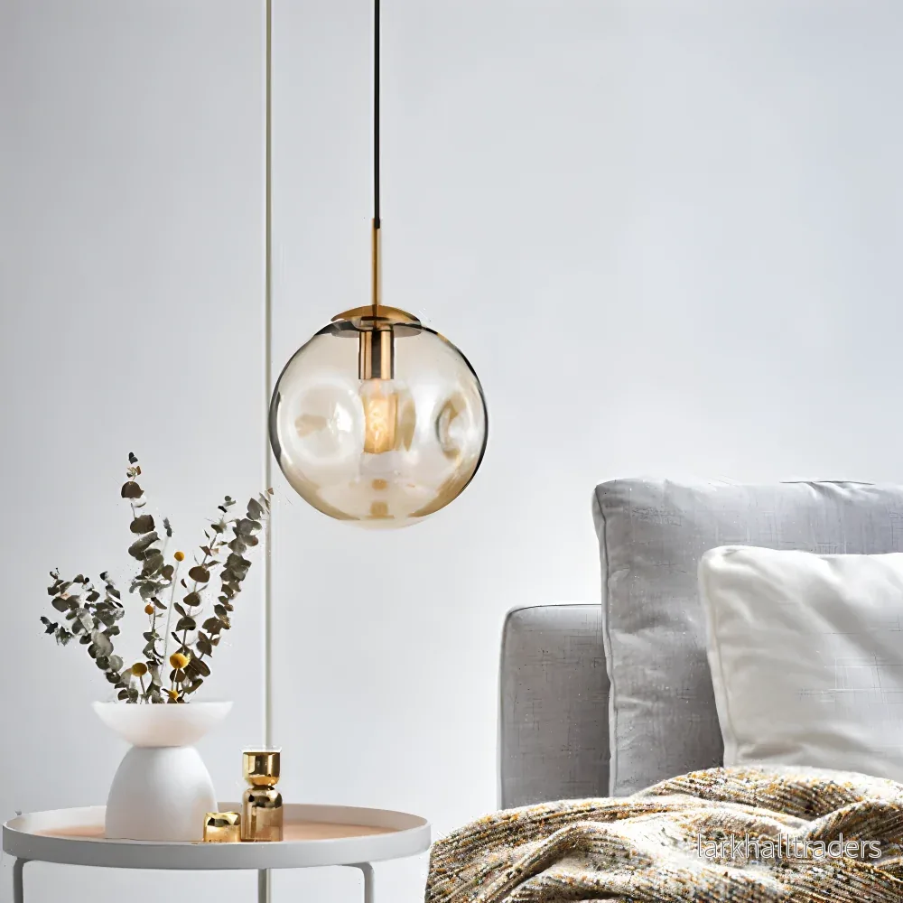 AmberGleam – Vintage Pendellampa i Champagnegrått Glas & Krom - Bild 2