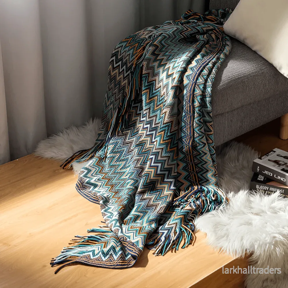 ZagWeave – Handstickad Boho-Plyschpläd med Tofsdesign - Bild 3