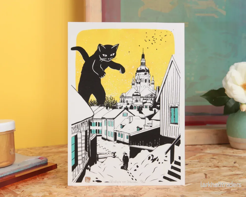 Cat-astrophe, handgjord screentryck Katt Konst Print Cat-astrophe, handgjord screentryck Katt Konst Print