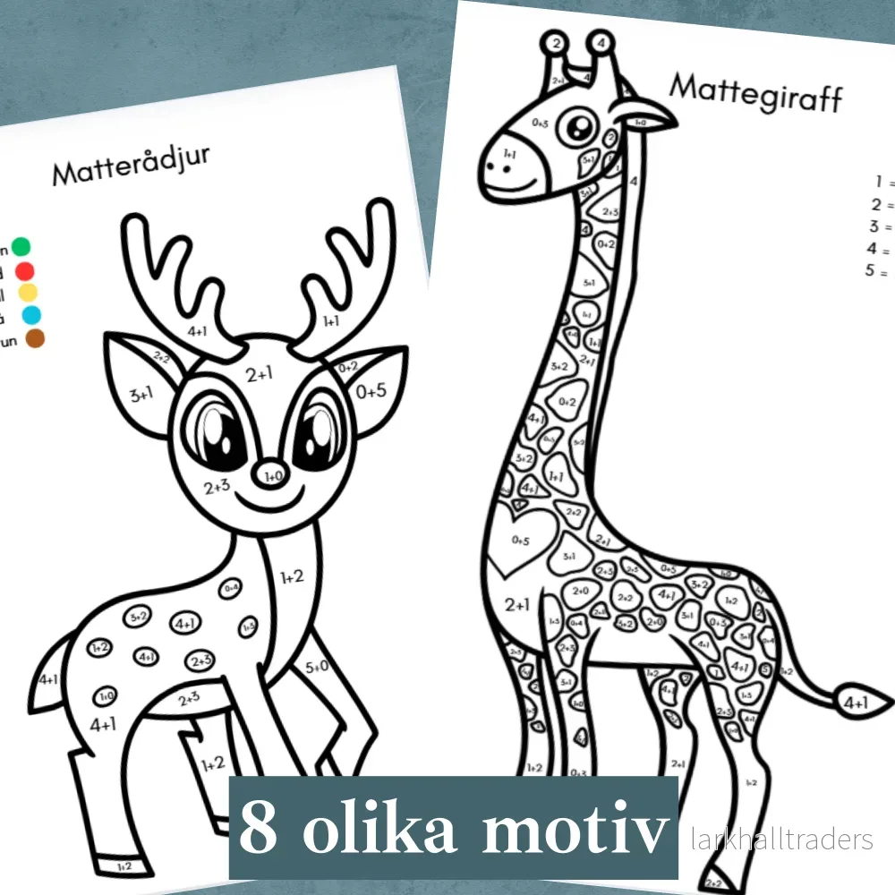 Matte-djur. Enkel addition 1-5. Färglägg efter siffror - Bild 2