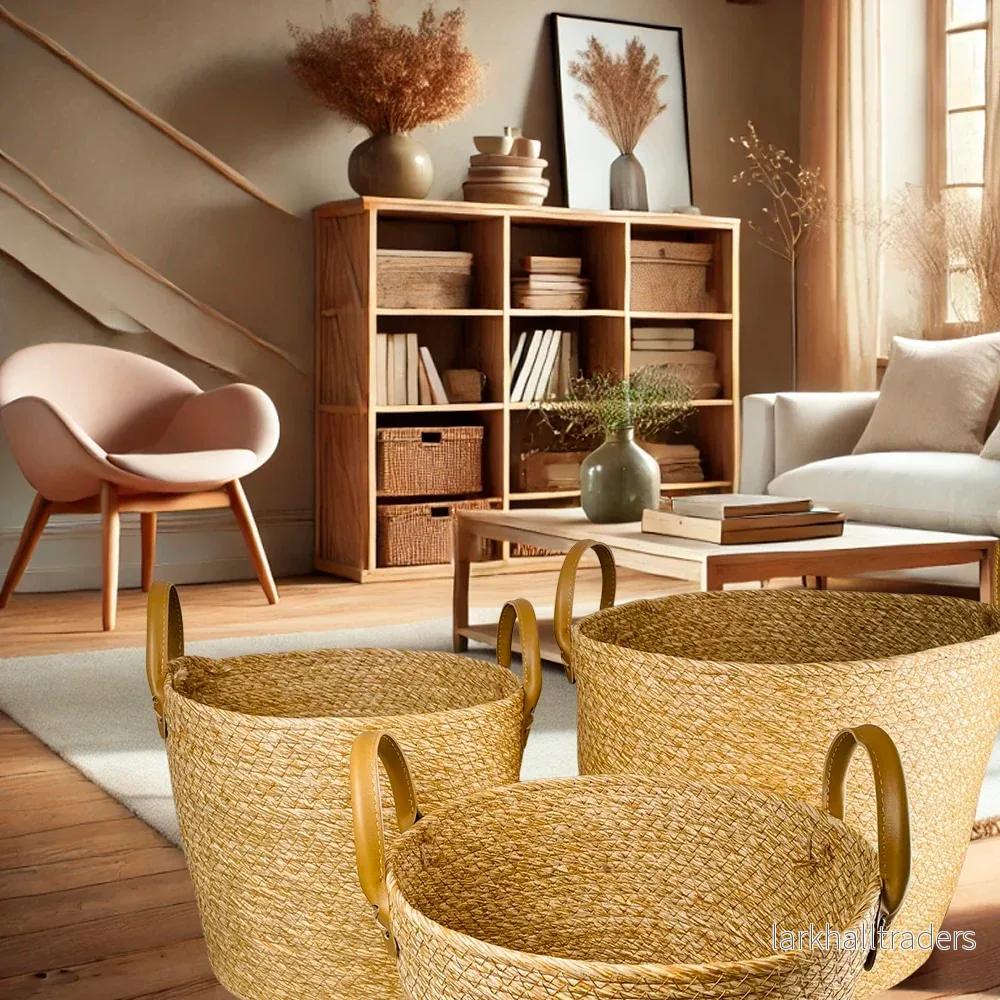 Flätade korgar 3 st. i sjögräs med konstläderhandtag (diameter 31, 28 och 25 cm) Flätade korgar 3 st. i sjögräs med konstläderhandtag (diameter 31, 28 och 25 cm)