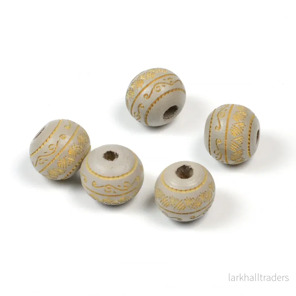 Träpärlor med graverat mönster, 10x9mm, grå, 20st Träpärlor med graverat mönster, 10x9mm, grå, 20st