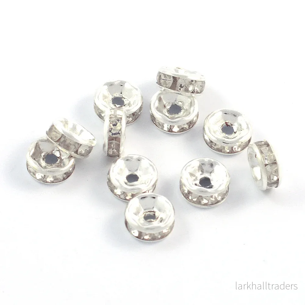 Rondeller med strass, silver-vit, 6mm, 50st Rondeller med strass, silver-vit, 6mm, 50st