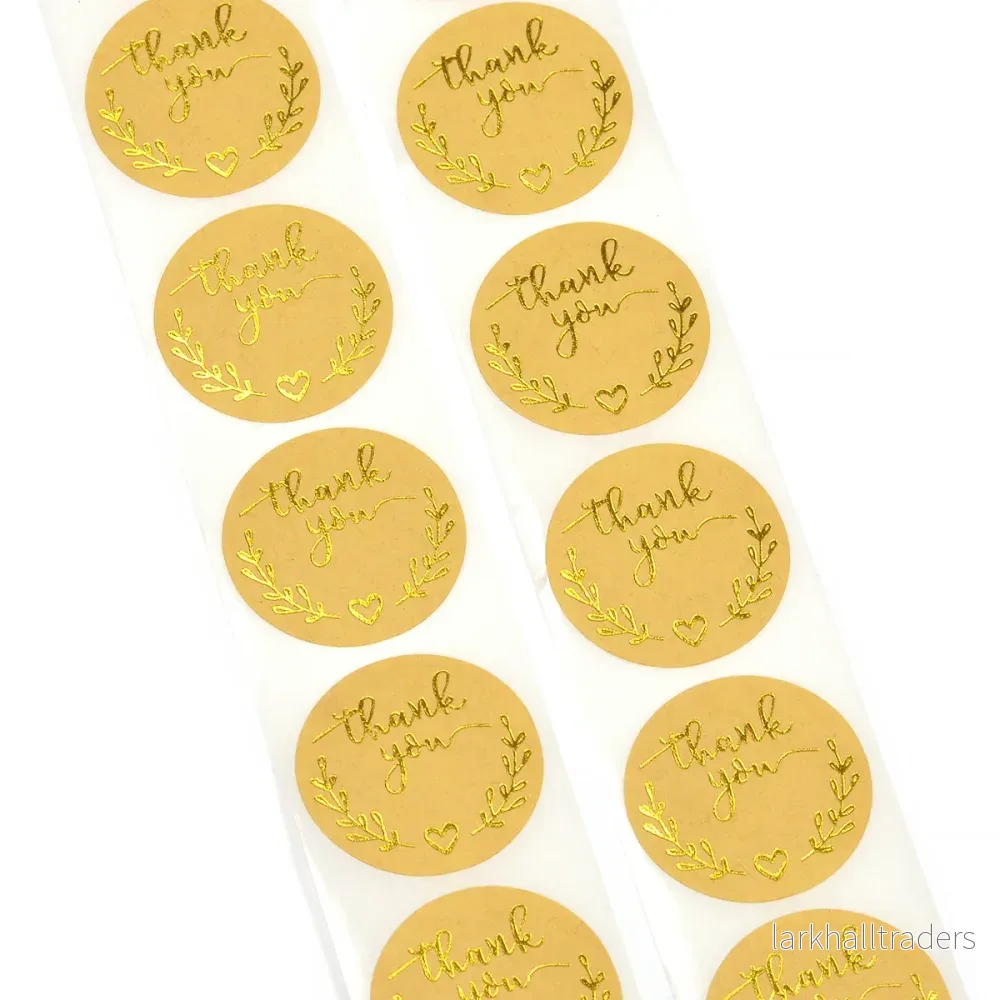 Klistermärken, natur med guld ”thank you”, 25mm, 24st