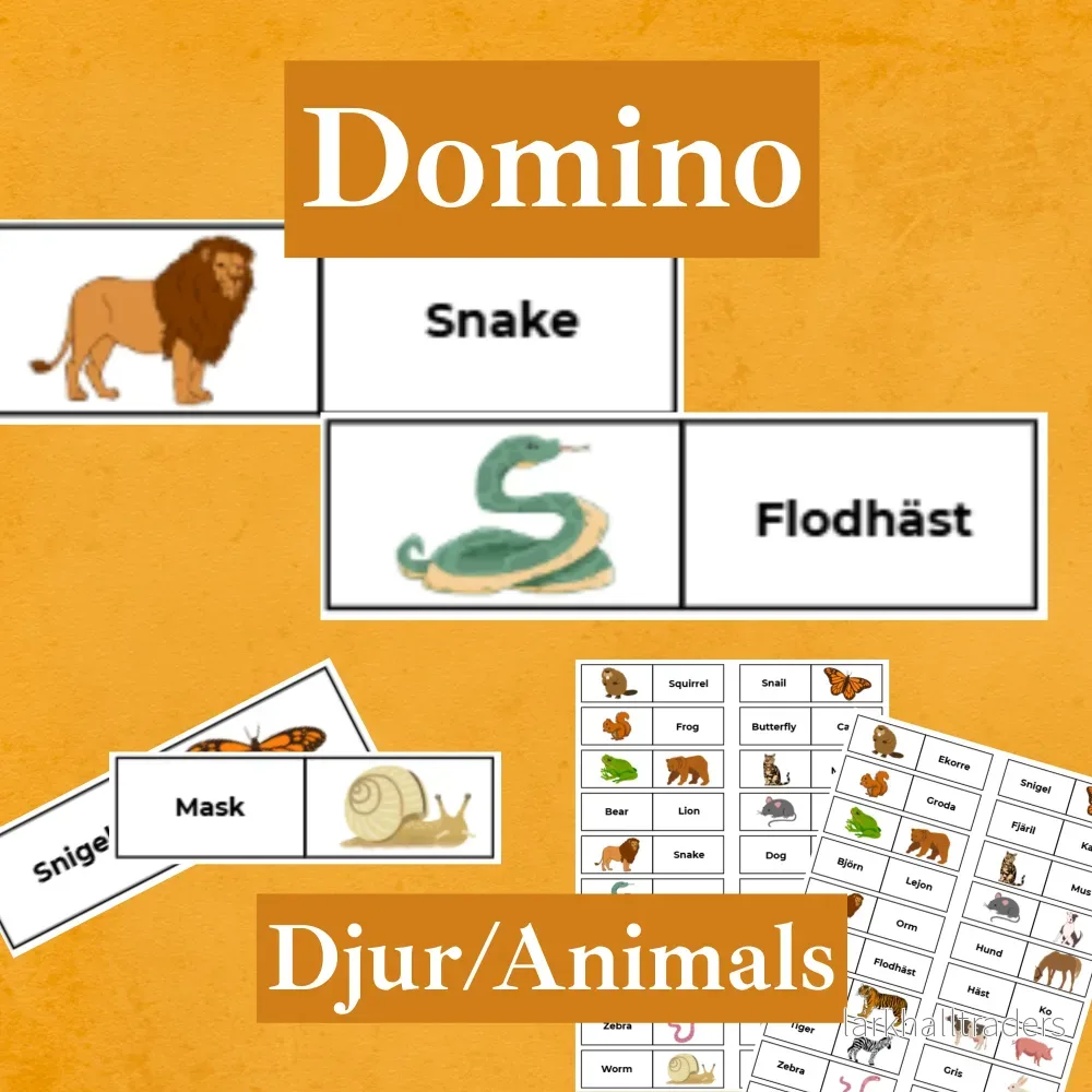 Domino – 40 brickor med djurnamn på både svenska och engelska.
