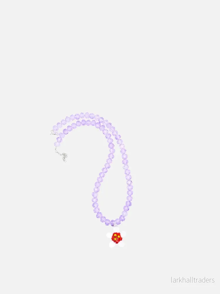 Vit Blomma & Lila Cristal Pärlor Halsband