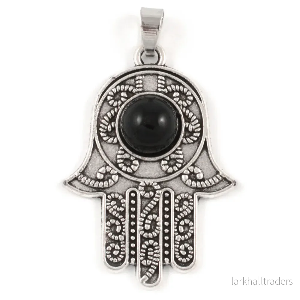 Berlock, Hamsas hand med svart pärla, antiksilver, 29x37mm, 1st