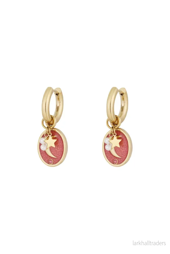 Guldfärgade creoler med rosa måne och stjärna Guldfärgade creoler med rosa måne och stjärna