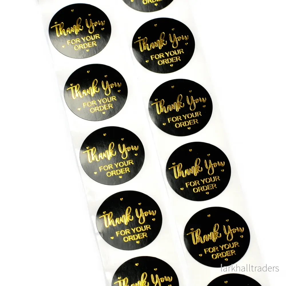 Svarta klistermärken med guld ”Thank you for your order”, 25mm, 24st