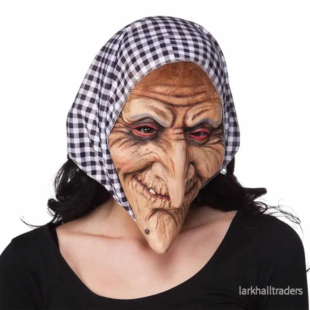 Latexmask, häxa med sjal