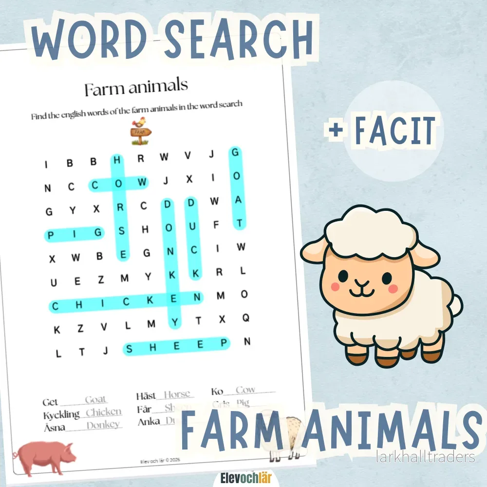 Word search – Farm animals + facit