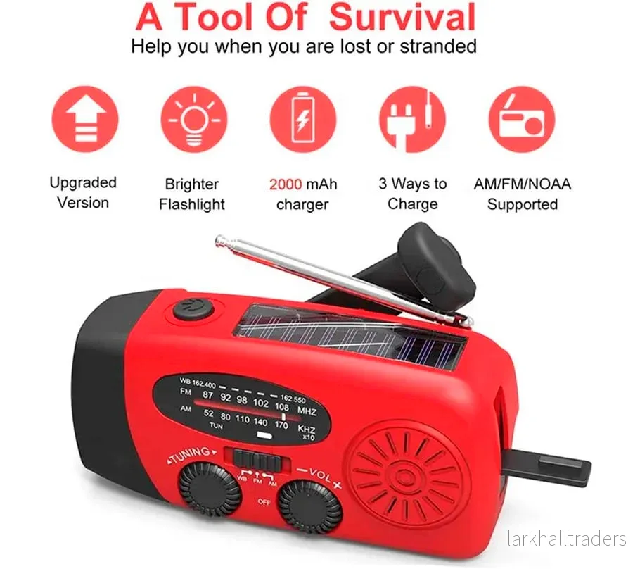Nödradio FM/AM med inbyggda solceller, ficklampa, powerbank och vev - Bild 3